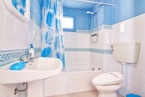 Classic blue bathroom. Wide plan.