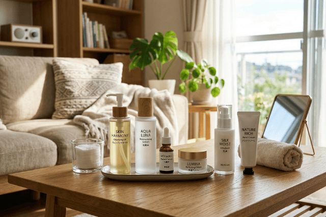 机に並んだスキンケア用品