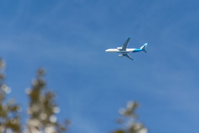青空の中飛んでいく飛行機